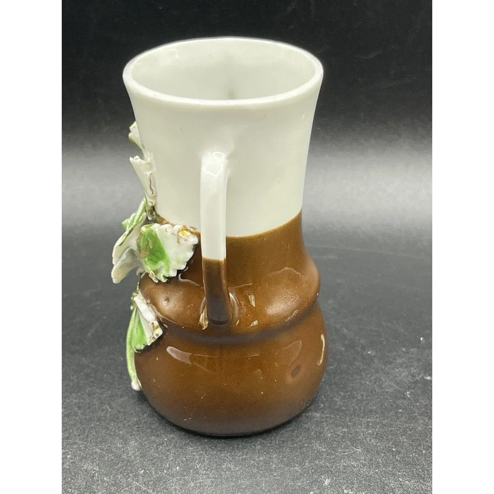 Vtg Porcelain Vase Brown & White with Flowers 3.5